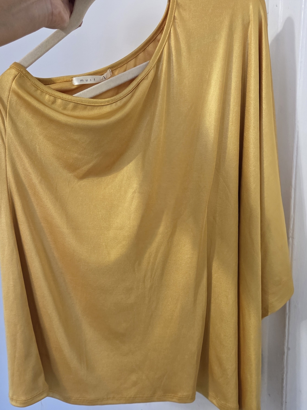 Must Have Yellow Gold Metallic One Shoulder Draped Blouse Size M (Fits like S)